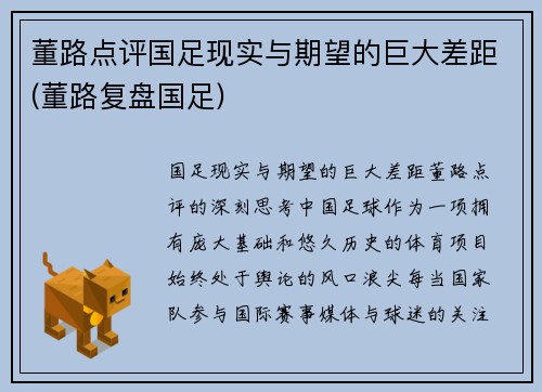 董路点评国足现实与期望的巨大差距(董路复盘国足)
