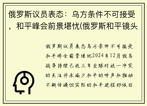 俄罗斯议员表态：乌方条件不可接受，和平峰会前景堪忧(俄罗斯和平镜头)