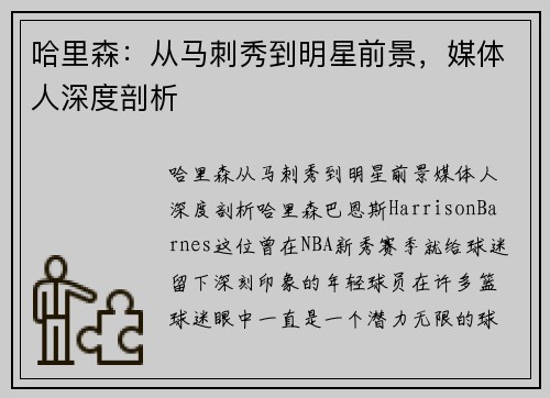 哈里森：从马刺秀到明星前景，媒体人深度剖析