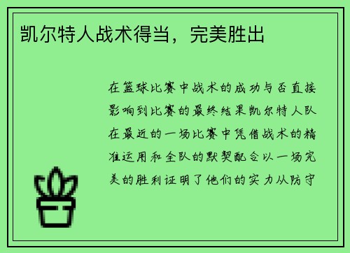 凯尔特人战术得当，完美胜出