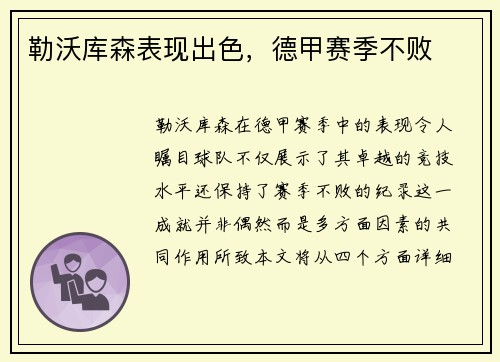 勒沃库森表现出色，德甲赛季不败