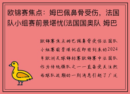 欧锦赛焦点：姆巴佩鼻骨受伤，法国队小组赛前景堪忧(法国国奥队 姆巴佩)
