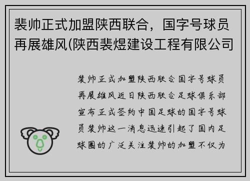 裴帅正式加盟陕西联合，国字号球员再展雄风(陕西裴煜建设工程有限公司)