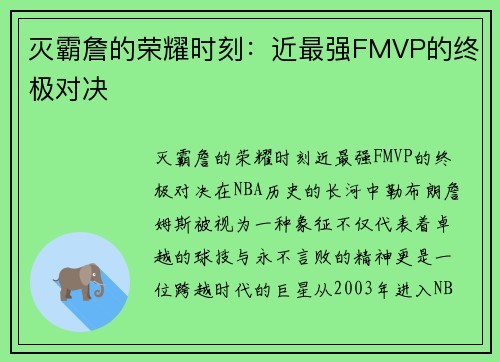 灭霸詹的荣耀时刻：近最强FMVP的终极对决